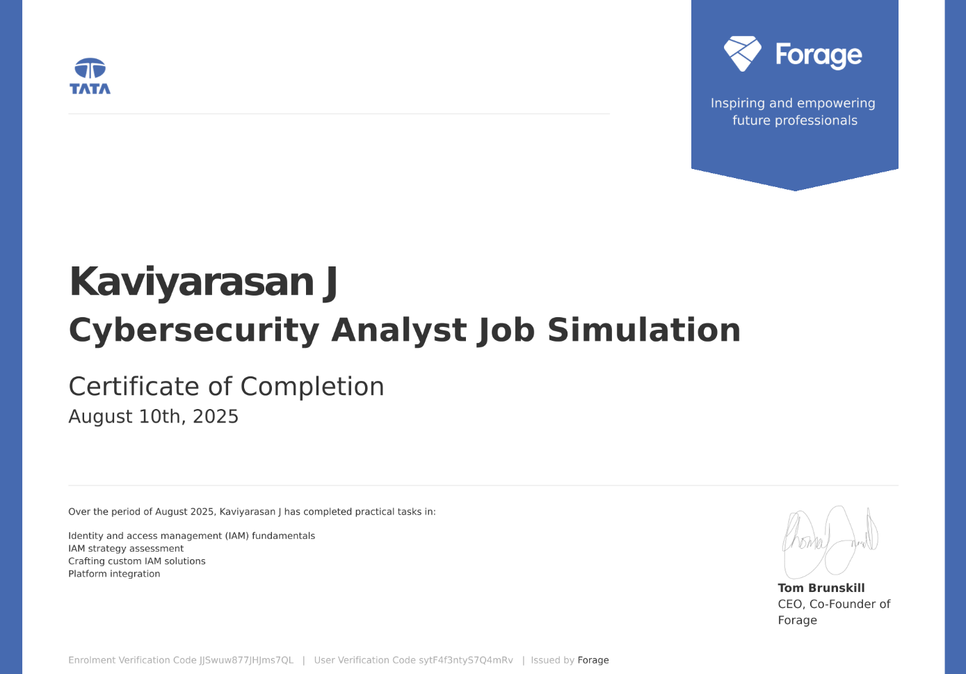 Tata Cybersecurity Analyst Simulation Certificate